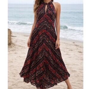 NWT Volcom Fresh As Dress Black Floral Print pocket Halter Neck Midi Womens Sz S